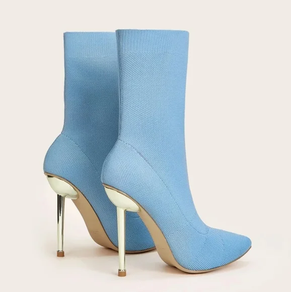 Minimalist Accent Golden Heel Pointy Toe Ankle Sock Stiletto Heeled Knit Boots - Picture 2 of 7